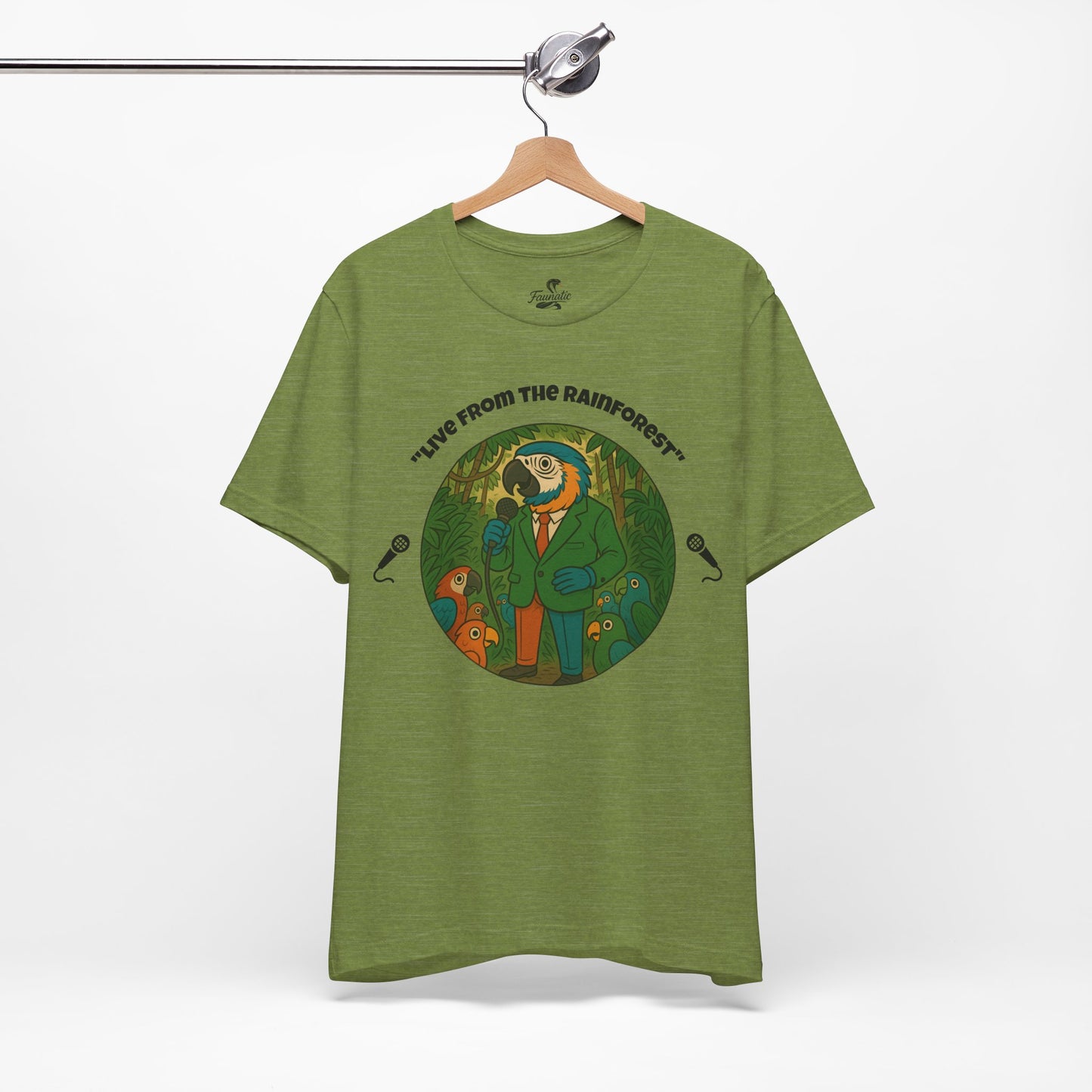 "Live from the Rainforest" Reporter Parrot T-Shirt - Colorful Animal Journalism Graphic Tee