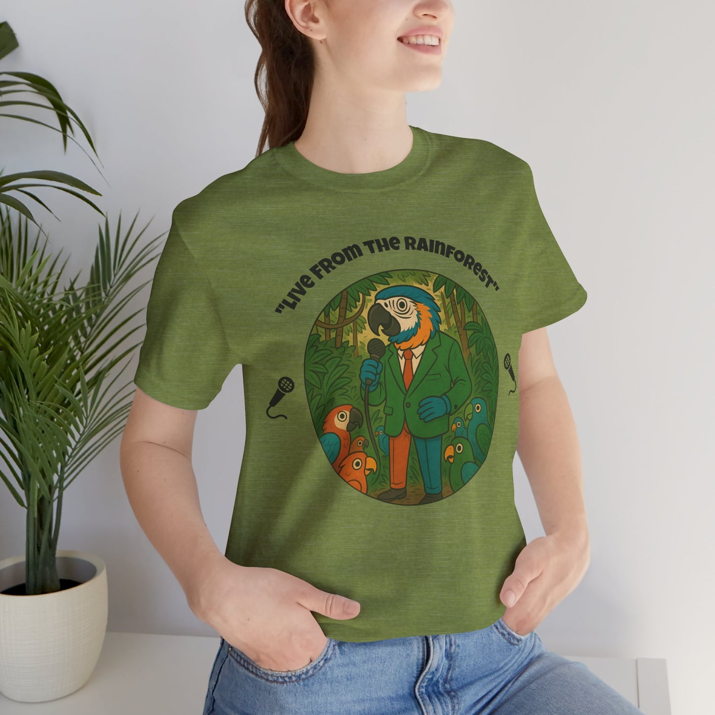 "Live from the Rainforest" Reporter Parrot T-Shirt - Colorful Animal Journalism Graphic Tee