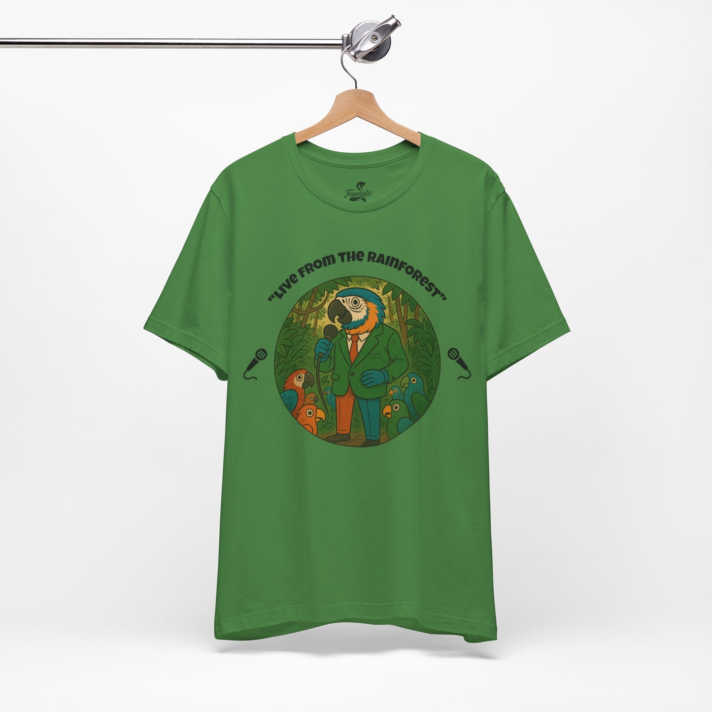 "Live from the Rainforest" Reporter Parrot T-Shirt - Colorful Animal Journalism Graphic Tee