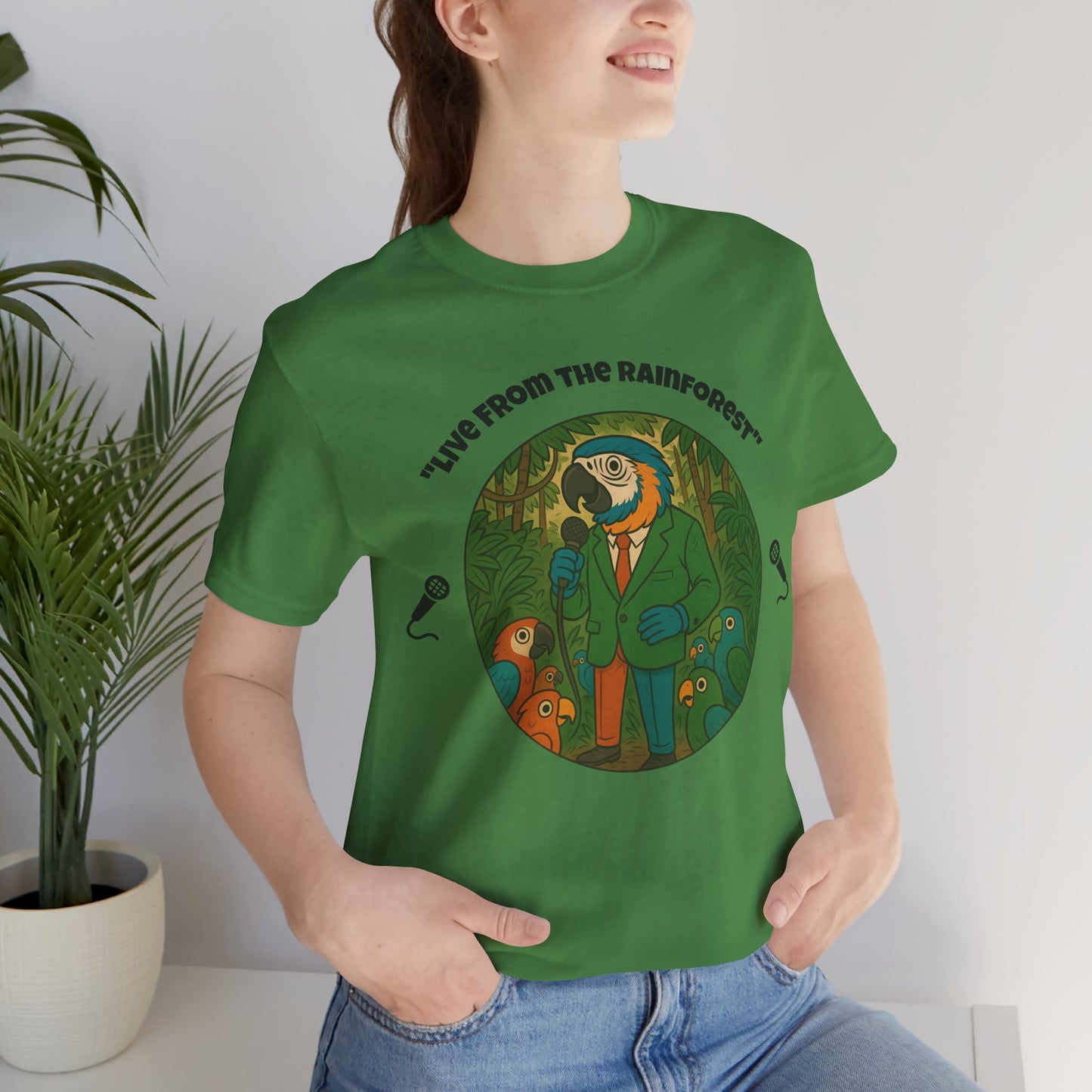 "Live from the Rainforest" Reporter Parrot T-Shirt - Colorful Animal Journalism Graphic Tee