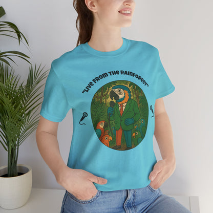 "Live from the Rainforest" Reporter Parrot T-Shirt - Colorful Animal Journalism Graphic Tee